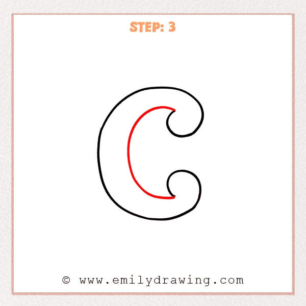 how to draw a fancy letter c - Step 3 of a fancy letter C drawing adds a clean inner curved line to create stroke thickness while keeping small gaps near the top and bottom curls.